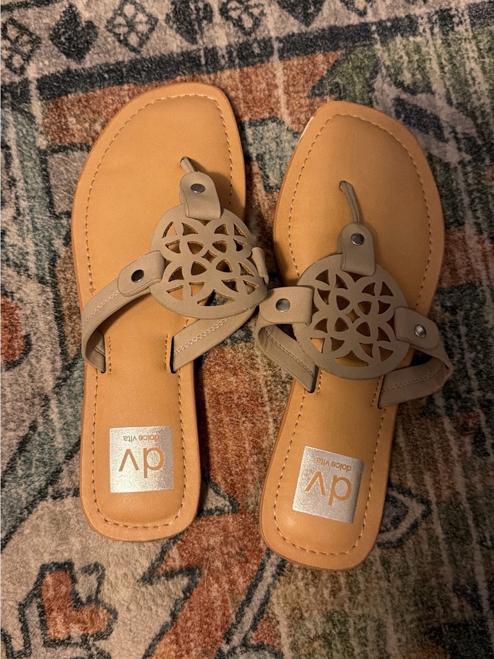 DV by Dolce Vita Tan and Beige Cutout Medallion Thong Sandals